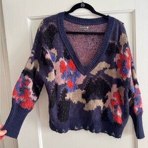 Anthropologie Blue and Red V-Neck Sweater